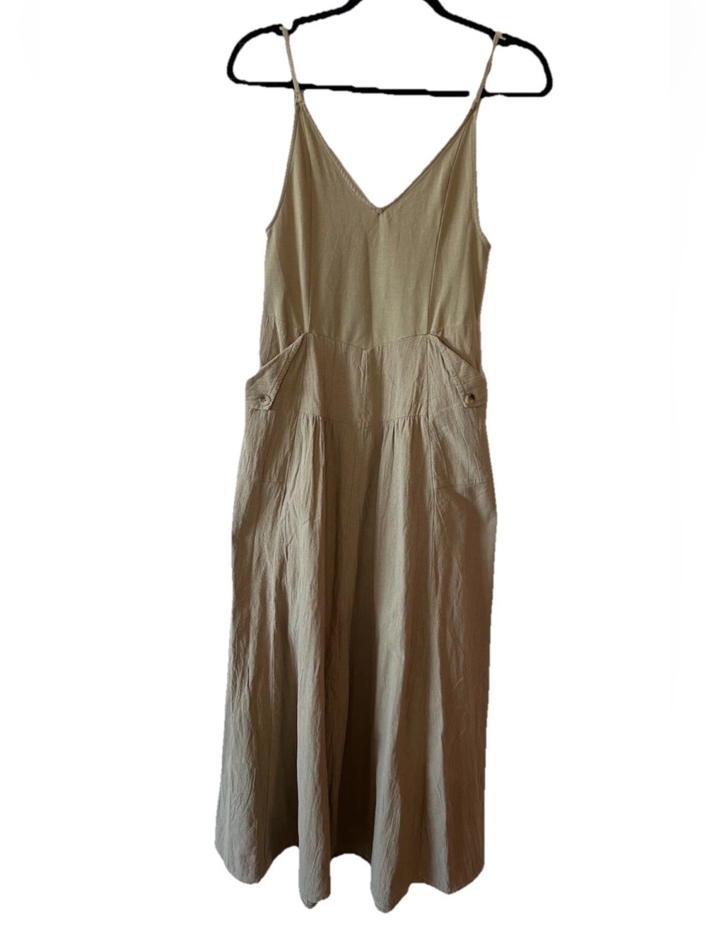 FREE PEOPLE Soledad Midi Dress Khaki Beige Boho Pockets Sz M - Picture 5 of 16